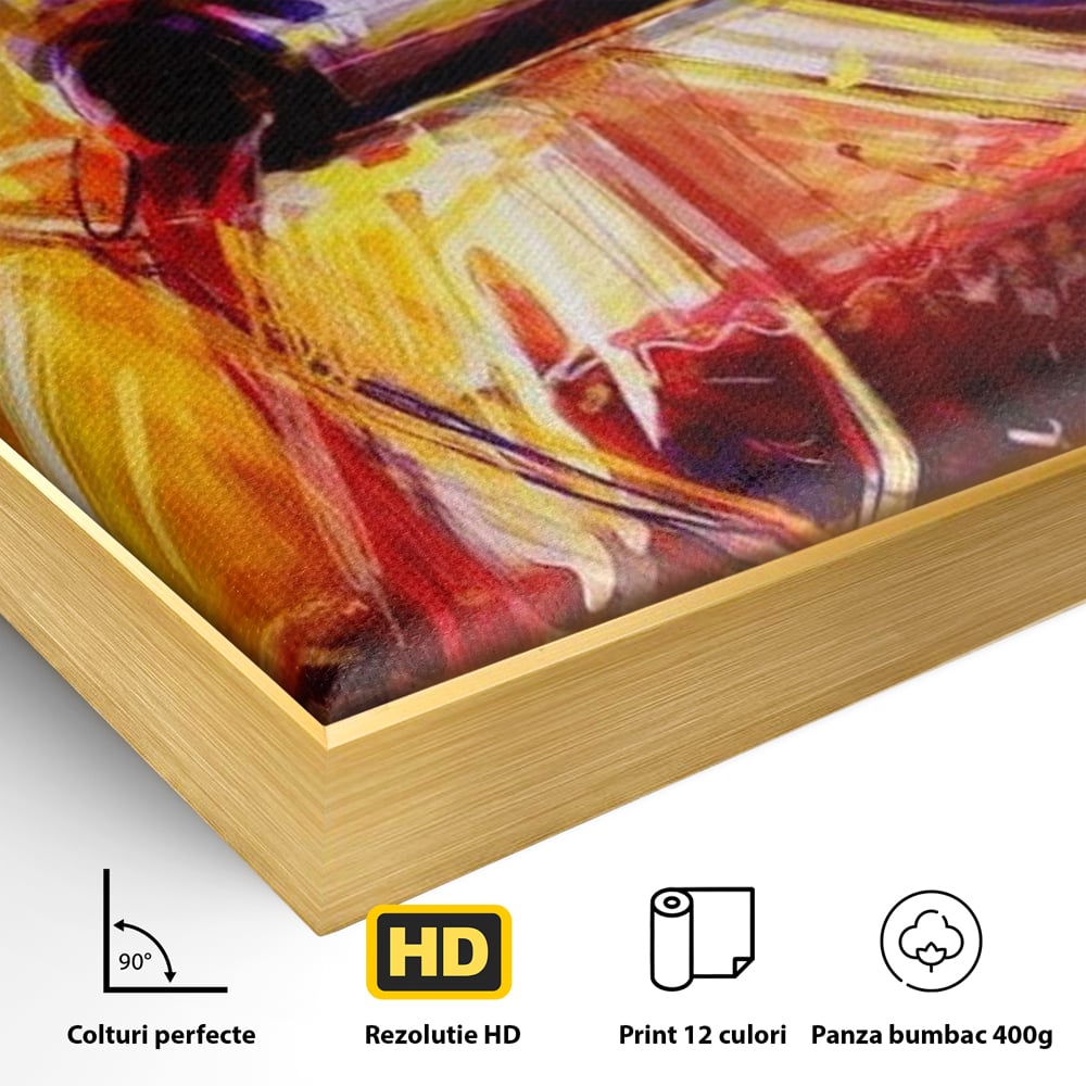 Detaliu al suprafetei: pictura abstracta cu sticle si pahare de vin, in rama de aluminiu auriu